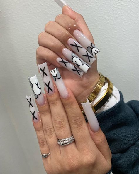 White Inspired Nails, White Square Nails Design, Kaws Acrylic Nails, Nail Ideas Milky White, Milky White Nails With Design, Kaws Nails, Disney Acrylic Nails, Milky Nails, Simple Acrylic