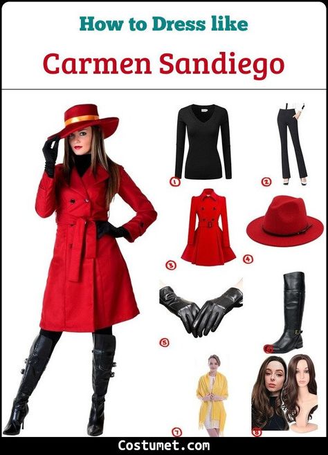 Carmen Sandiego for Cosplay & Halloween 2021 Where In The World Is Carmen Sandiego Costume, Waldo And Carmen Sandiego Costumes, Carmen Sandiego Halloween Costume, Carmen San Diego Costume, Carmen Sandiego Cosplay, Carmen Sandiego Outfits, Carmen Sandiego Costume, Couple's Costume, Red Fedora Hat