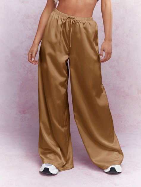 Satin Wide Leg Pants With Drawstrings Brown Casual   Woven Fabric Plain Wide Leg Non-Stretch  Women Clothing, size features are:Bust: ,Length: ,Sleeve Length: Satin Wide Leg Pants, Drawstring Pants Outfit, Satin Pants, Women Pants, Pantalon Large, Satin Top, Vestido Casual, Wide Pants, Drawstring Pants