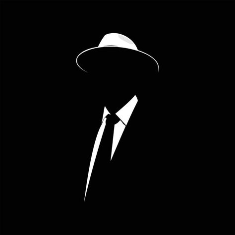 vector illustration of a silhouette of a businessman wearing a suit and wearing a hat isolated on black background Suit Logo, Suit Silhouette, Men With Cap, Hat Vector, Sf Art, Glasses Logo, Black And White Cartoon, Stylist Tattoos, Dark Pictures