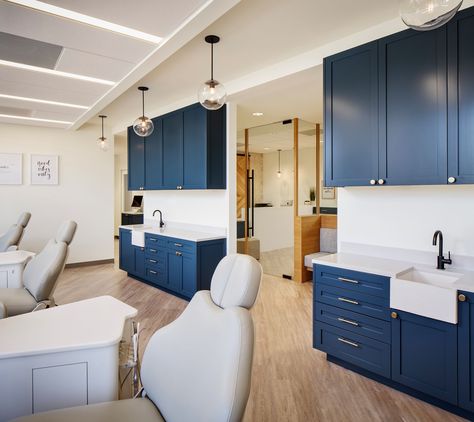 Dental Office Lighting Ceilings, Fun Orthodontic Office, Blue Dental Office, Farmhouse Dental Office, Dental Office Operatory Design, Orthodontist Office Design, Dental Operatory Design, Blue Dental Clinic, Dental Office Cabinets