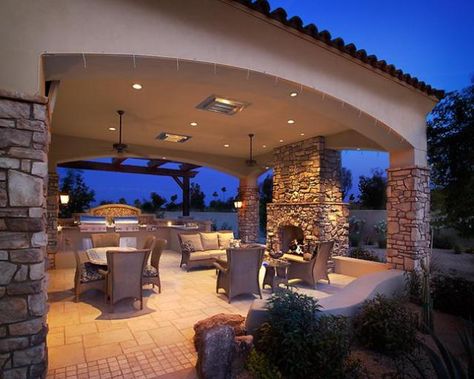 fireplace and columns Mediterranean Patio, Covered Backyard, Backyard Covered Patios, Covered Patio Design, Patio Remodel, Outdoor Patio Designs, Group Picture, Outside Patio, House With Porch