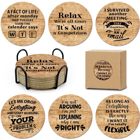 PRICES MAY VARY. 【FUNNY OFFICE COASTERS】This 6 pack of absorbent cork coasters with a holder are so fun you'll love how much entertainment they add to your home. This set of Cork Coasters is designed for those who have a great sense of humor, and they absolutely will bring much more laugh and topics to your home and office. 【PROTECTS ALL SURFACES FROM WET DRINKS】These drink coasters for tabletop protection can be used with any type of drink and for any type of surfaces. Use these ABSORBENT coast Gift Basket For Boss For Men, Funny Coaster Quotes, Cricut Gifts For Men, Christmas Gift Ideas For Employees, Office Gifts For Coworkers, Real Estate Client Gifts, Coasters Funny, Funny Office Gifts, Gifts For Employees