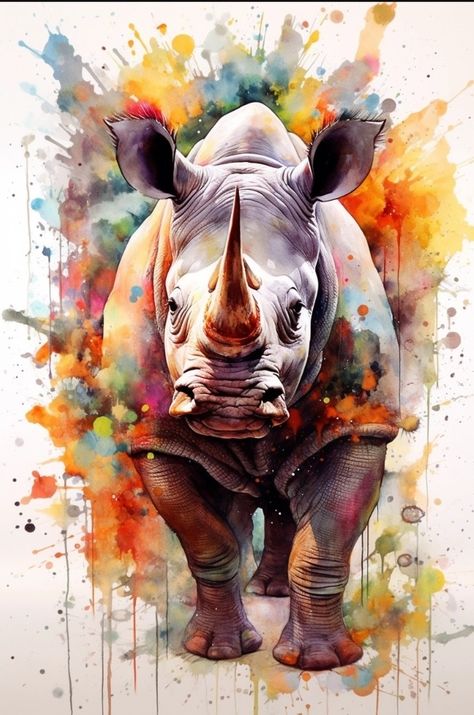 Rhino Painting, Paint Splatter Art, Rhino Art, Fabric Panel Quilts, Splatter Art, Art African, Rhinos, African Wildlife, Fabric Panel