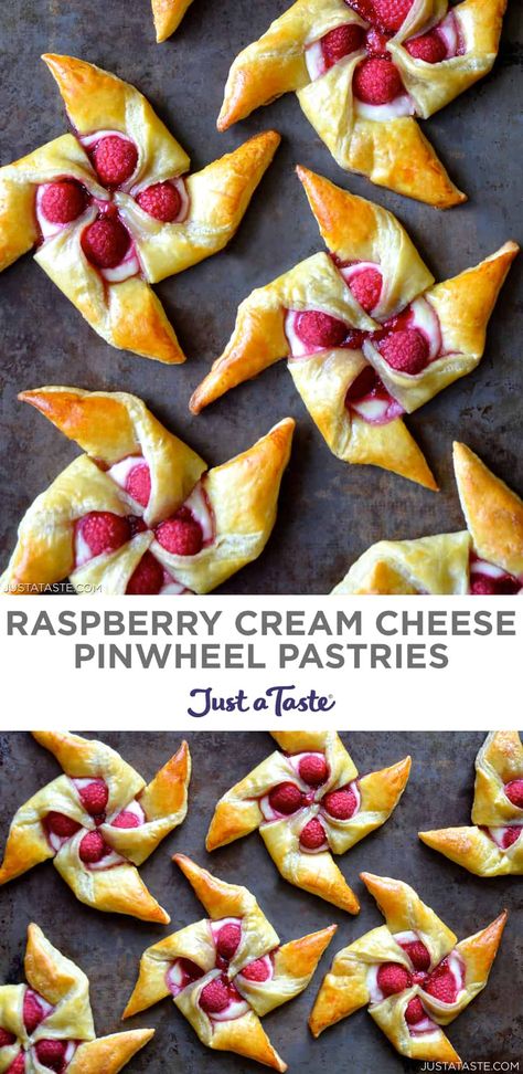 Raspberry Cream Cheese Pinwheel Pastries are easy, bakery-worthy treats starring store-bought puff pastry, lemony cream cheese filling and fresh berries. #breakfastpastries #puffpastryrecipes #pastries #creamcheesedanish #justatasterecipes Raspberry Pinwheels, مربى الفراولة, Cream Cheese Pinwheels, Strawberry Recipe, Raspberry Cream Cheese, Cream Cheese Pastry, Mothers Day Desserts, Cheese Pinwheels, Cheese Pastry