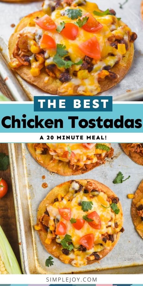 Easy Chicken Tostadas are perfect for a busy weeknight. This chicken tostada recipe is done in about 20 minutes! Chicken Tostadas Mexican, Mexican Food Recipes Chicken, Tostada Recipe, Food Recipes Chicken, Tostada Recipes, Chicken Tostadas, Great Chicken Recipes, Chicken Dishes Recipes, Mexican Food Recipes Authentic