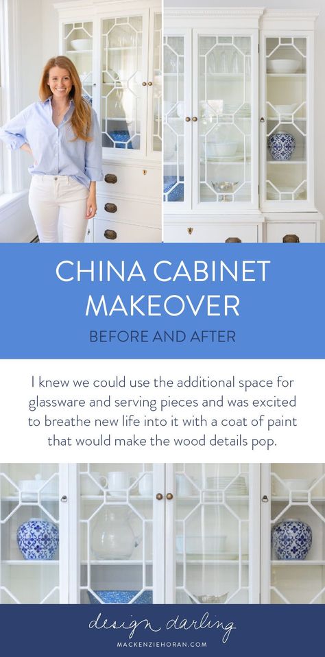 Kicking off the week with my recent china cabinet makeover before and after! I love seeing other people’s furniture makeovers and Facebook Marketplace finds so I was excited to transform this one and share it with you all! I found this vintage china cabinet on Facebook Marketplace for $175 (!) and fell in love with the fretwork overlay and the idea of bringing more storage to our dining room, which is admittedly one of the least finished spaces in our home and yet one we walk through every day. How To Display China Without A Cabinet, China Closet Makeover, Styling A China Cabinet, Painted China Cabinet, China Buffet, China Cabinet Makeover, Creative Bookcases, Built In China Cabinet, Vintage China Cabinets