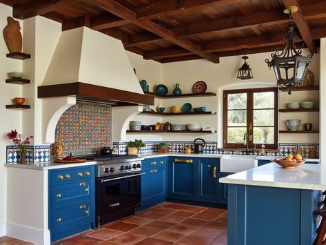 Dive into the charm of Mediterranean-style kitchens! 🌊✨ This stunning design features deep blue cabinetry paired with elegant brass handles and a luxurious white marble island. Terra-cotta floor tiles and exposed wooden beams create a warm, inviting atmosphere, while a wrought-iron chandelier adds a touch of sophistication. The colorful mosaic tile backsplash and open shelving showcasing ceramic dishware bring vibrant character to this culinary oasis. Perfect for those seeking inspiration! 🏺 Blue Mediterranean Kitchen, Kitchen Navy Cabinets, White Marble Island, Terra Cotta Kitchen, Colorful Mosaic Tile, Kitchen Navy, Blue Cabinetry, Blue Kitchen Tiles, Mediterranean Kitchen Design