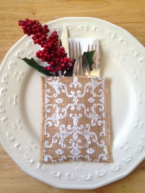 burlap silverware holder Silverware Place Setting, Burlap Silverware Holder, Christmas Silverware Holder, Deb Shop, Swiss Rolls, Burlap Projects, Silverware Holder, Printing On Burlap, Burlap Crafts