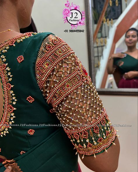 Exclusive copper beads design work for Kerala bridal blouse ❤️ @j2fashions exclusive bridal blouse work /Aari Zardosi work in wholesale price in chennai for appointment +91 9884455842. ❤️ All exclusive bridal/Aari work blouse in wholesale price. ❤️ Urgent orders also undertaken 5 to 10 days delivery time. ❤️ Visit us at chennai , Anna Nagar East . ❤ Worldwide shipping,online orders, courier orders and further details. ❤ YouTube : www.youtube.com/j2fashions 🧵 Facebook page: www.facebook.com Copper Bead Aari Work Blouse, Kerala Wedding Blouse Designs, Wedding Blouse Design, Bridal Blouse Work, Bridal Aari Work Blouse, Bridal Aari Work, Blouse Design Aari Work, Latest Bridal Blouse Designs, Kerala Wedding