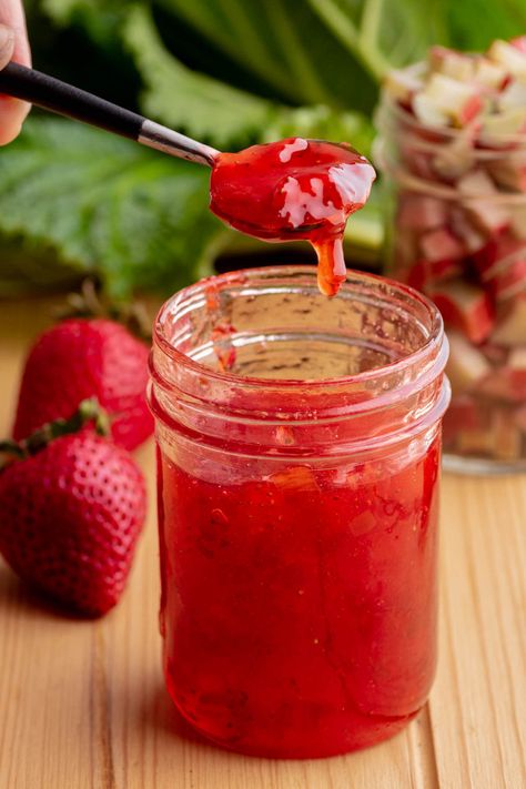 Homemade Strawberry Rhubarb Jam - Dish 'n' the Kitchen Rhubarb Jam Recipes Easy, Rhubarb Jam Recipes Canning, Strawberry Rhubarb Jam Recipe, Strawberry Rhubarb Sauce, Rhubarb Jelly, Freeze Rhubarb, Rhubarb Jam Recipes, Canning Jam Recipes, Rhubarb Strawberry