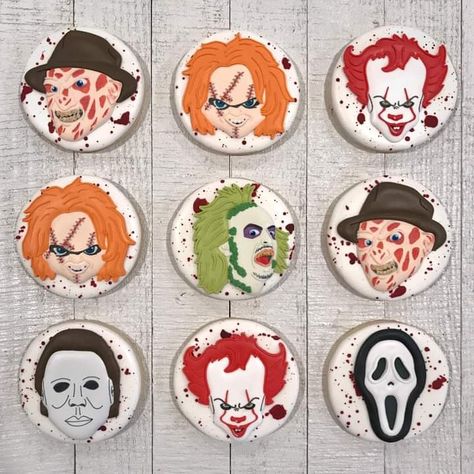 Horror movie cookies including Freddy Krueger, Chucky, IT the Clown, Beetlejuice, Michael Myers, Scream Michael Myers Cookies Decorated, Chucky Cookies Decorated, Horror Movie Sugar Cookies, Horror Themed Cookies, Halloween Horror Cookies, Michael Myers Cookies, Horror Movie Cookies Decorated, Chucky Cookie, Horror Desserts