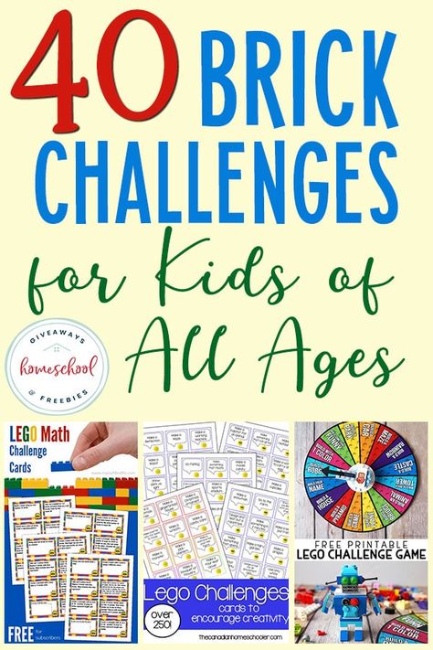 40 Brick Challenges for Kids of All Ages - Homeschool Giveaways Lego Challenges For Kids, Lego Stem Challenge, Lego Stem, Cars Preschool, Math Stem Activities, Lego Engineering, Challenges For Kids, Creative Writing Stories, Lego Math