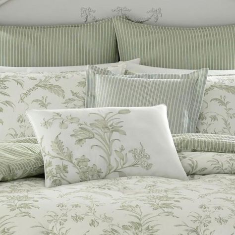 Laura Ashley Natalie Green Cotton 7-Piece Comforter Set, Full/Queen-221648 - The Home Depot Green Comforter Sets, Laura Ashley Bedding, Whimsical Aesthetic, King Size Comforter Sets, Green Comforter, Cotton Comforter Set, King Size Comforters, 100 Cotton Duvet Covers, Comforter Bedding Sets