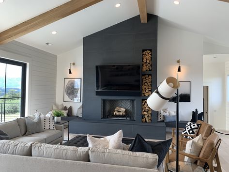 Vaulted Ceiling Living Room Fireplace Off Center, 10 Foot Ceiling Living Room, Slanted Ceiling Living Room, Cottage Fireplace, Vaulted Ceiling Living Room, Modern Farmer, Condo Living Room, Narrow Living Room, Monochrome Interior