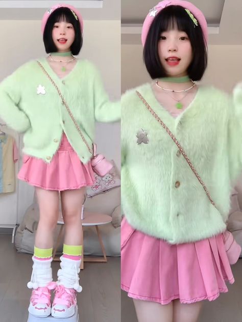 Colorful Kawaii Outfits, Pink And Purple Aesthetic Outfit, Bubblegumcore Outfits, Pastel Green Outfit Aesthetic, Pastel Pink And Green Outfit, Pastel Y2k Outfit, Bubbly Outfits, Kawaii Pastel Aesthetic Outfits, Pink And Green Outfit Aesthetic