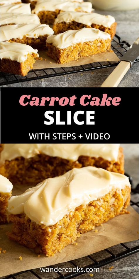 Indulge in this amazing carrot cake slice, a quick and easy way to enjoy all the delicious sweet flavour of carrot cake in convenient tray bake form. Perfect for your next picnic, party, or family gathering! Carrot Slices Recipes, Tray Bakes Desserts, Easy Tray Bakes, Christmas Tray Bakes, Carrot Cake Slice Recipe, Easy Carrot Cake Recipe Uk, Carrot Cake Traybake, Australian Snacks, Australian Desserts