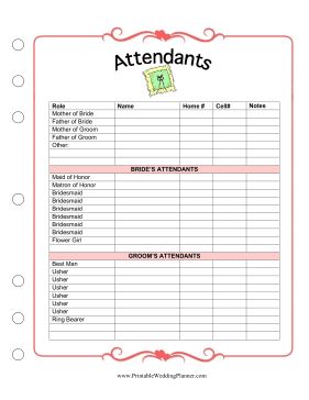 The Wedding Planner Attendants worksheet has room for names and contact information for all members of the bridal party. Free to download and print Free Wedding Planner Printables, Wedding Planning Binder, Wedding Planner Binder, Wedding Organizer Planner, Wedding Binder, The Wedding Planner, Wedding Planner Printables, Free Wedding Printables, Event Planning Business