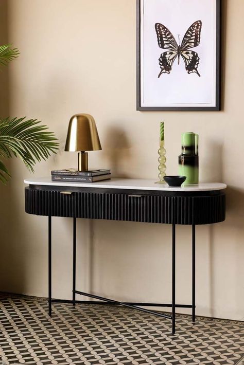 Console Table With Marble Top, Console Table Stools, Sleek Console Table Entryway, Black Marble Console Table, Console Table Hallway Luxury, Hallway Console Table Ideas, Marble Console Table Entryway, Black Console Table Entryway, Bachelorette House