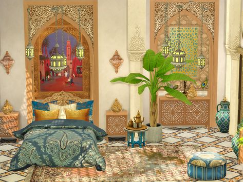 Chinese Bedroom, Indian Houses, Mods Sims 4, Moroccan Bedroom, Moroccan Furniture, Sims 4 Bedroom, Spring Bedroom, Sims Building, Sims House Design