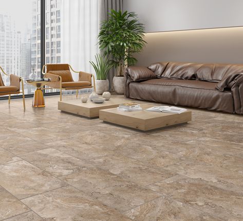 Liven up any room with the Hughcreek Beige Ceramic Tile. This 15 x 30 tile features a matte finish. Durable stone-look tile is an affordable alternative to natural stone, and it looks great throughout the house. Plus, you can get the authentic look of stone with an easy-to-maintain surface, as stone-look tile is waterproof and doesn’t require sealing. This tile was made in Brazil. Known for culture and craftsmanship, tiles made in Brazil are durable and beautiful. | Castille | Hughcreek Beige Ce Beige Tile Floor Living Room, Room Tiles Floor, Tiles Living Room, Tile Floor Living Room, Emser Tile, Polished Porcelain Tiles, Beige Ceramic, Beige Tile, Classic Tile