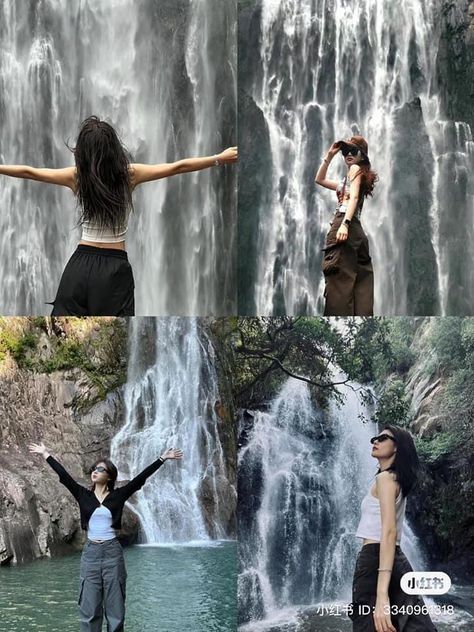 Poses With Waterfall, Waterfall Outfit Ideas Women, Waterfalls Outfit Ideas, Waterfall Poses Photo Ideas, Waterfall Outfit, Mountain Poses Photo Ideas, Waterfall Poses, Waterfall Picture Ideas, Trekking Outfit