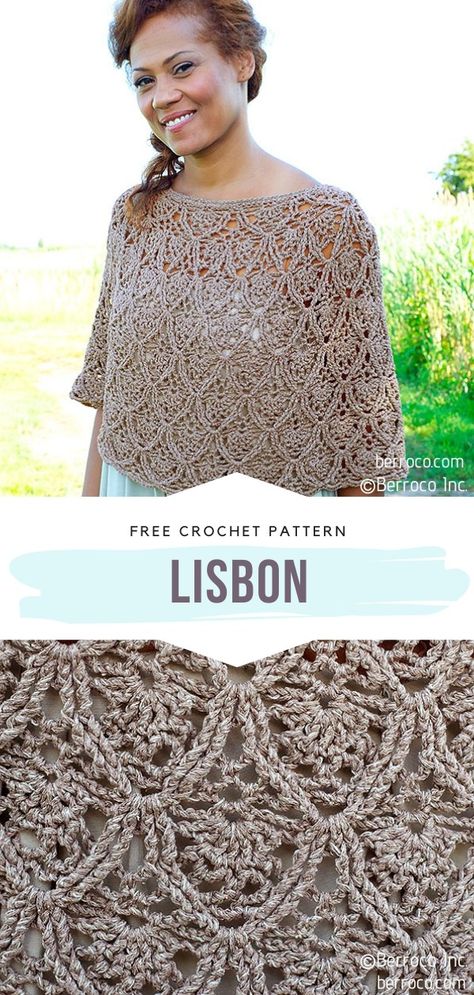 Lisbon Poncho Free Crochet Pattern  This lacy poncho is an advanced design with a good selection of stitches. If you are an experienced crocheter looking for a challenge, you have just found the perfect one!  #crochetponcho #crochettop #crochetwrap #openworkcrochet #freecrochetpattern Crochet Poncho Shawl, Lace Poncho Crochet Pattern, Crochet Lace Poncho Free Pattern, Free Crochet Cape Patterns, Poncho Crochet Pattern Free, Crochet Summer Poncho, Crochet Lace Poncho, Free Crochet Poncho Patterns, Poncho Haken