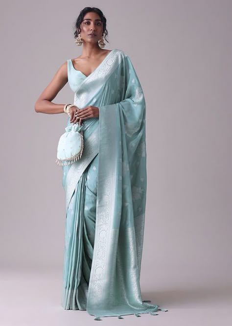 Bridesmaid Saree Look, Light Blue Silk Saree, Kalki Saree, Blue Bridal Saree, Light Blue Saree, Sky Blue Saree, Purple Lehenga, Blue Silk Saree, Mangal Sutra