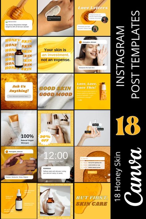 Get the perfect honey gold skincare aesthetic for your Instagram with our pack of 18 customizable Canva templates! These templates are perfect for any skincare brand looking to showcase their products with a sleek and modern look. Easily add your own photos and text to create stunning Instagram posts that will stand out on the 'gram and attract new followers. Give your skincare line the attention it deserves with these beautiful templates. Gold Skincare, Candy Photography, Canva Instagram Post, Beautiful Templates, Honey Skin, Honey Brand, Social Media Branding Design, Types Of Social Media, New Followers