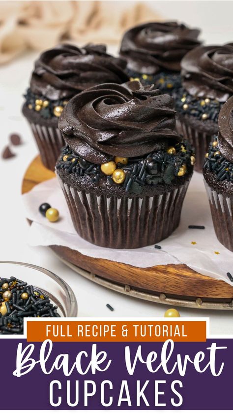 These black velvet cupcakes are naturally colored with black cocoa powder and taste absolutely delicious! They're rich, chocolaty, and taste like an Oreo cookie! Black Velvet Cupcakes, Black Cocoa Powder, Black Velvet Cakes, Black Cupcakes, Baking Spices, Black Cocoa, Halloween Dessert, Halloween Fest, Halloween Baking