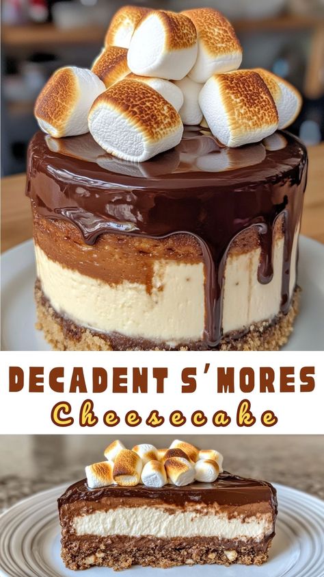 Decadent S’mores Cheesecake S'mores Cheesecake, S’mores Cheesecake, Smores Cheesecake, Trending Desserts, Decadent Cheesecake, Fluffy Marshmallows, Homemade Funnel Cake, Smores Cake, Rich Desserts