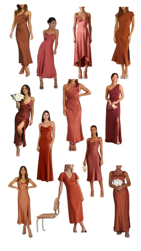 Different Shade Bridesmaid Dresses Rust, Terracotta Shades Bridesmaid Dresses, Shades Of Terracotta Bridesmaid Dresses, Bridesmaid Palette, Fall Cocktail Dress, Rust Bridesmaid Dress, Never Getting Married, Warm Skin Tone, Bridesmaid Dress Styles