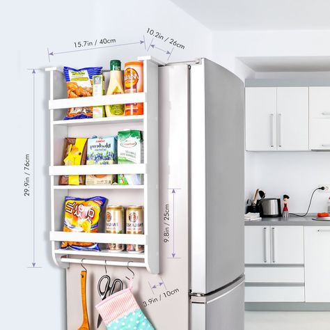 Side Of Fridge, Kitchen Narrow, Pantry Rack, Black Fridges, Side Shelf, Outdoor Toilet, Fridge Shelves, Cabinet Plans, Hidden Kitchen