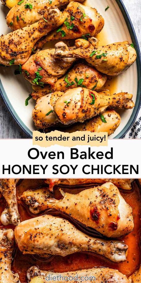 Oven-Baked Honey Soy Chicken - Easy Chicken Dinner Idea! Diethood Recipes, Honey Soy Chicken, Easy Chicken Dinner, Juicy Baked Chicken, Frugal Cooking, Baked Chicken Drumsticks, Dinner Favorites, Soy Chicken, Chinese Cooking Recipes