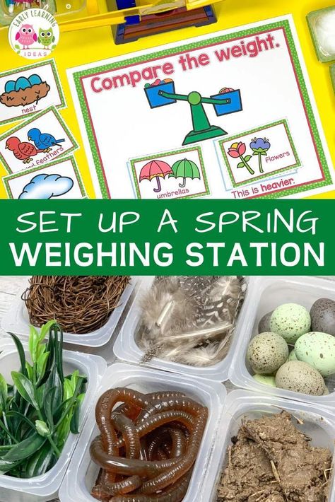 Spring Classroom Activities Preschool, Preschool Math And Science Center Ideas, Preschool Activity Centers, Easter Provocations Kindergarten, Spring Science Center Preschool, Preschool Weighing Activities, Easter Center Activities Preschool, Spring Writing Center Preschool, Fun Easter Activities For Preschoolers