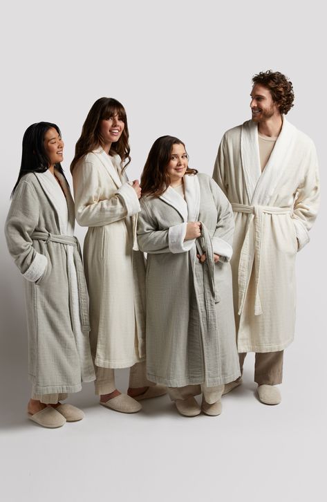 Plush terry lines this luxe, full-length gauze robe crafted from organic cotton with a kiss of linen for cloud-like comfort. 48" length (size Medium) Shawl collar Long sleeves Side-seam pockets Removable tie belt 96% organic cotton, 4% linen Machine wash, tumble dry Imported OEKO-TEX® Standard 100–certified materials free of harmful substances Linen Robe, Tie Belt, A Kiss, Cotton Linen, Shawl Collar, Shawl, Full Length, Organic Cotton, Kiss