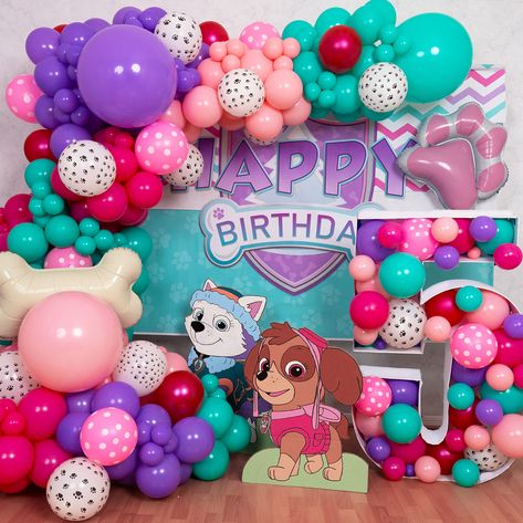 Girl Paw Patrol Birthday Party, Paw Patrol Birthday Party Girl, Paw Patrol Girl Birthday Party, Paw Patrol Balloon Arch, Paw Patrol Balloon Garland, 4th Birthday Party For Girls Theme, Girl Paw Patrol Party, Skye Paw Patrol Party, Paw Patrol Skye Birthday