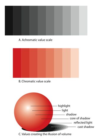 (B) Chromatic value scale. A spectrum of dark and light exists within colors as well. (C) Creating volume through value. The illusion of depth can be ... Art Theory, Art Basics, Value In Art, Shading Techniques, Elements And Principles, Principles Of Art, Principles Of Design, Middle School Art, Color Studies