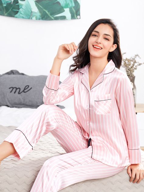 Striped Button Up Pajama Set -SheIn(Sheinside) Silk Sleepwear Pajamas, Satin Pajamas Set, Button Up Pajamas, Pyjama Satin, Women Sleepwear, Homewear Fashion, Silk Sleepwear, Silk Pajama Set, Casual Home