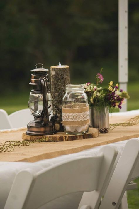 Camping themed centerpiece Camp Centerpieces, Camping Wedding Theme, Camp Wedding, 75th Anniversary, 90th Birthday, Wedding Pictures, Birthday Ideas, Dinner Party, Wedding Decorations