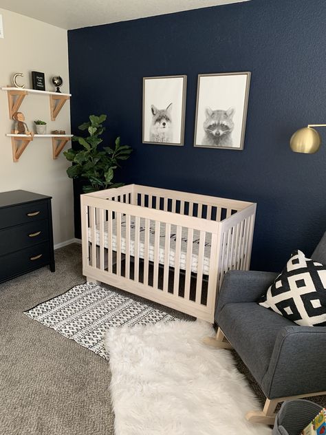 Navy And Wood Nursery, Baby Boy Simple Nursery, Dark Blue Accent Wall Nursery, Baby Boy Nursery Blue And Gray, Dark Blue Nursery Boy, Navy Blue Accent Wall Nursery, Navy Blue Nursery Ideas, Navy Nursery Ideas, Nursery Ideas Navy