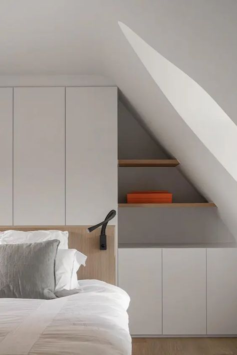 Low Attic Storage, Doors For Slanted Ceilings, Attic Storage Ideas, Small Attic Spaces, Low Ceiling Attic Bedroom, Attic Bedroom Storage, Bedroom Built Ins, Attic Bedroom Designs, Finished Attic