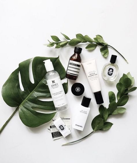 all white surface for flatlay featuring large green leaves, foliage, and skin care line with various products. Clean look Flat Lay Inspiration, Cosmetics Photography, Beauty Products Photography, Foto Tips, Flat Lay Photography, Foto Poses, Trik Fotografi, Daily Skin Care, Foto Inspiration