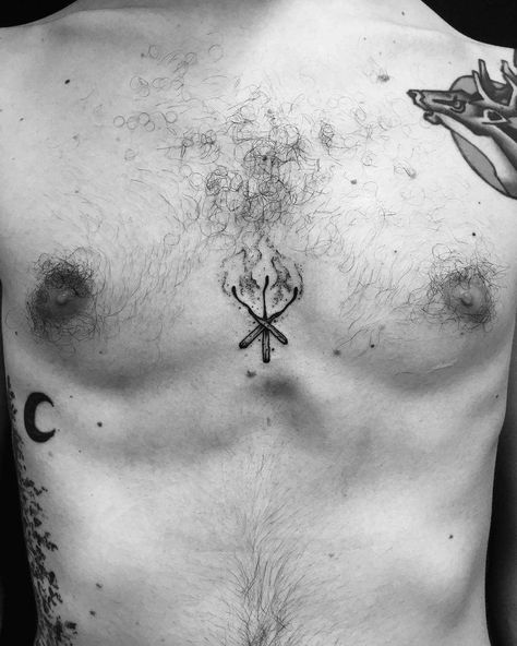 Burning matchsticks tattoo inked on the sternum Burning Man Tattoo Ideas, Minimal Chest Tattoo Men, Minimal Chest Tattoo, Burning Man Tattoo, Sternum Tattoo Men, Matchstick Tattoo, Small Tattoo Ideas For Men, Sternum Tattoo Design, Chest Tattoo Ideas