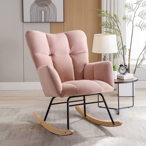 Nursery Rocking Chair for Baby, Indoor Velvet Fabric Nursing Chair, Modern Upholstered Glider Rocker Armchair with High Backrest for Bedroom Office Living Room (Light Pink) Tufted Rocking Chair, Upholstered Rocking Chair, Rocking Chair Pads, Nursery Rocker, Upholstered Rocking Chairs, Rocking Chair Nursery, Glider Rocker, Rocker Chairs, Nursery Chair