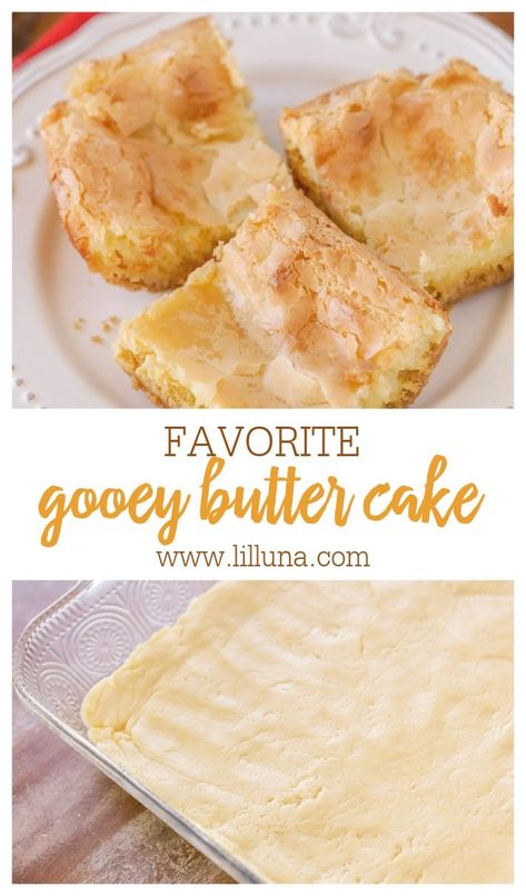 Gooey butter cake is a simple and amazingly delicious dessert with a cake batter crust and soft, gooey cream cheese top that makes it addicting! #gooeybuttercake #butter #cake #desserts #treats Butter Cake Gooey, Ooey Gooey Butter Cake Recipe, Gooey Butter Cake Recipe, Chess Bars, Ooey Gooey Cake, Ooey Gooey Butter Cake, Butter Cakes, Cake Batter Cookies, Gooey Cake