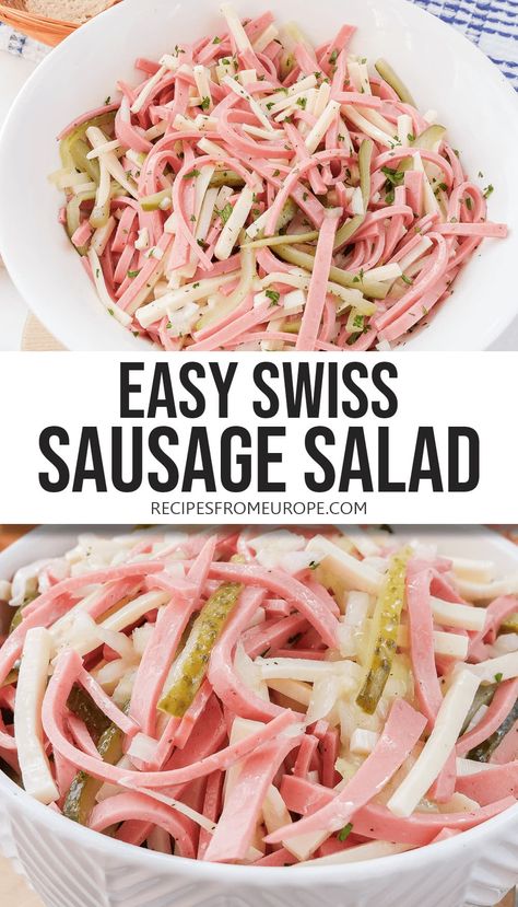 Want to make a delicious Wurstsalat? This classic sausage salad is easy to make and loaded with sausage, pickles, Swiss cheese, and more! German Meat Salad Recipes, Sausage Salad Recipe, German Pasta, Bologna Salad, Sausage Salad, Traditional German Food, Swiss German, German Food Authentic, Swiss Recipes