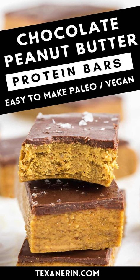 These chocolate peanut butter protein bars are super easy with only a handful of ingredients, are no-bake and make terrific on-the-go snacks. Can easily be made paleo, vegan or keto. Peanut Butter Protein Bars, Peanut Butter Chocolate Bars, Protein Treats, Healthy Vegan Desserts, Peanut Butter Protein, Healthy Peanut Butter, Chocolate Protein Powder, Mousse Recipes, Protein Bars