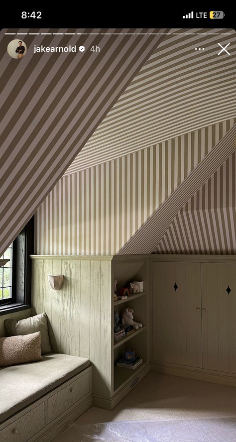 Attic School Room, Attic Room Wallpaper, Built In Beds For Kids Sloped Ceiling, Sloped Ceiling Nursery, Angled Bedroom Ceiling, Attic Bunk Room Sloped Ceiling, Boys Attic Bedroom Ideas, Slanted Ceiling Nursery, Attic Nursery Sloped Ceiling