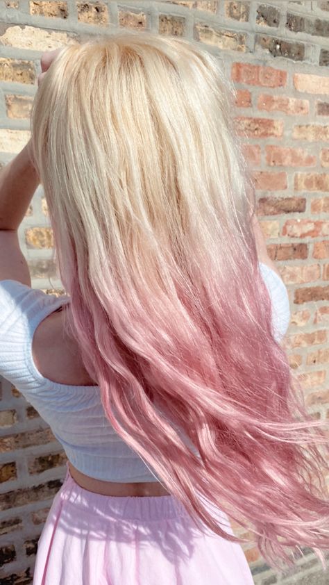 Blonde Hair With Pink Ombre, Blonde To Pink Balayage, Long Blonde And Pink Hair, Blonde To Pink Ombre Hair, Pink Faded Hair, Light Pink Tips Hair, White Hair Pink Tips, Pink Hair Ideas For Blondes, Pink Ombre Hair Blonde